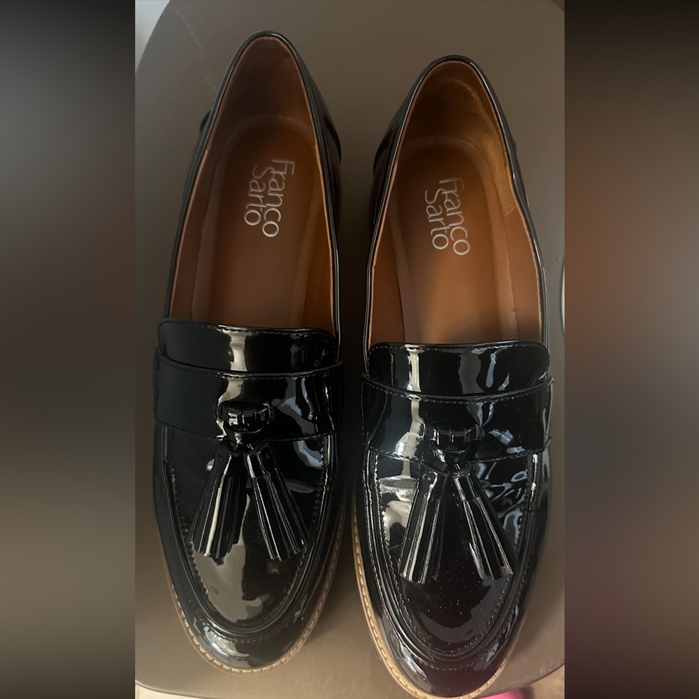 Franco Sarto Glossy Black Tassel Loafers